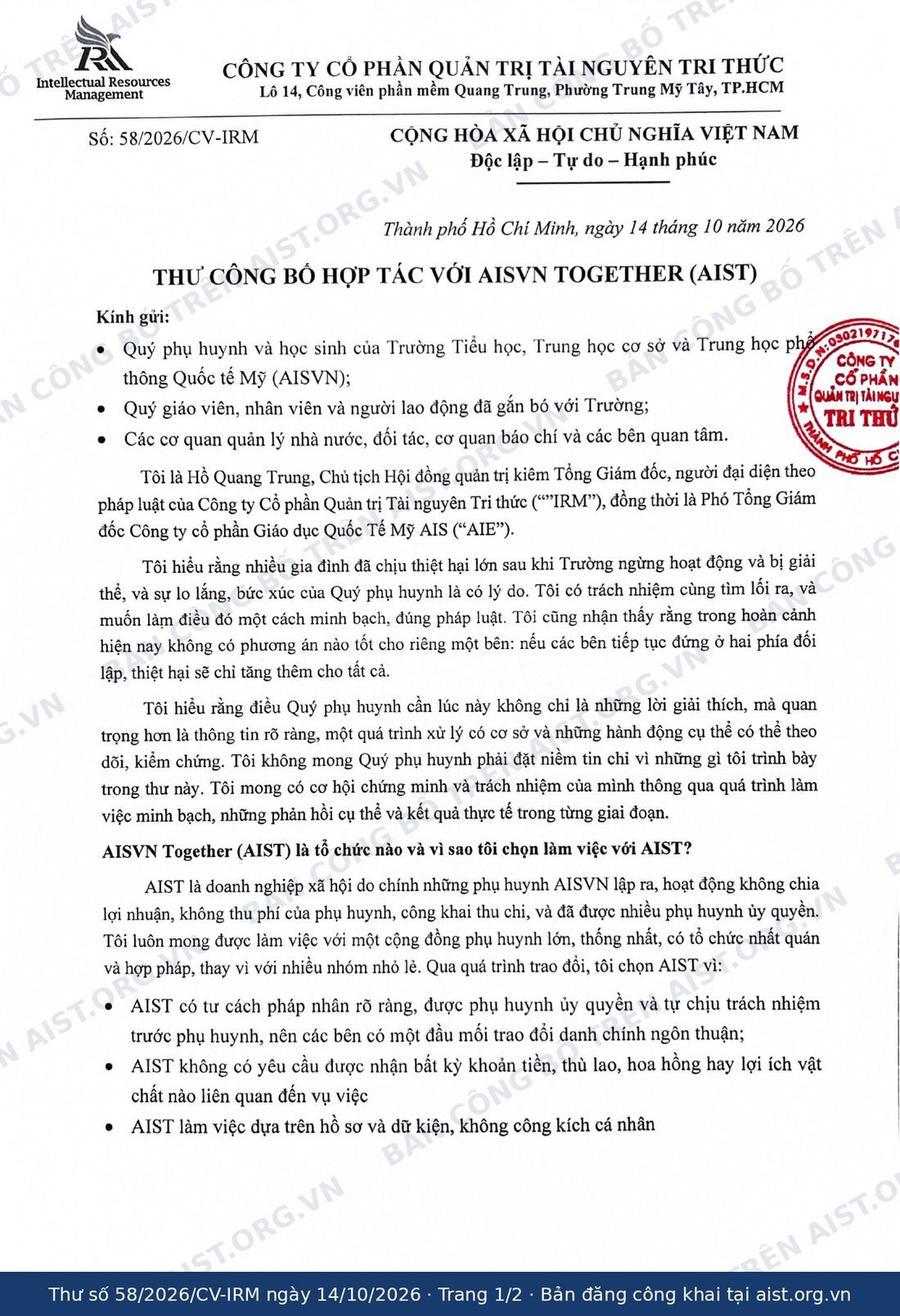 Thư công bố hợp tác số 58/2026/CV-IRM, trang 1