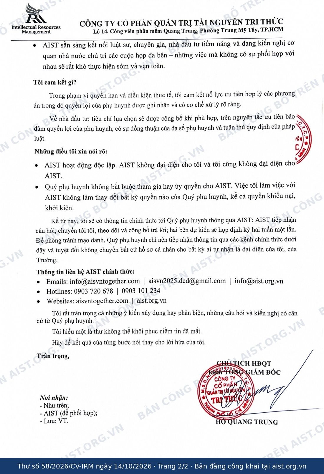 Thư công bố hợp tác số 58/2026/CV-IRM, trang 2